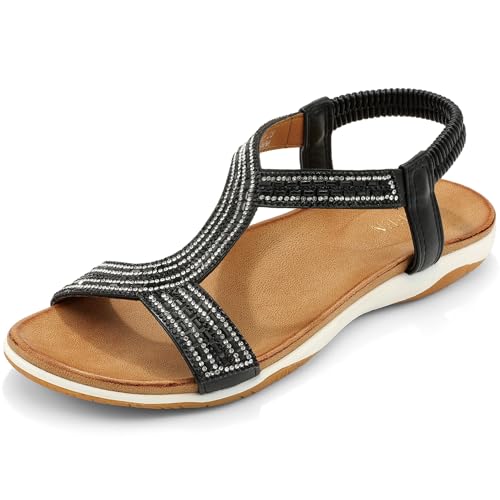 Image of UBFEN Flat Sandals For Women Dressy Arch Support Comfortable Casual Sandal With 2026 Rhinestone Braid Elastic Strap Summer Vacation