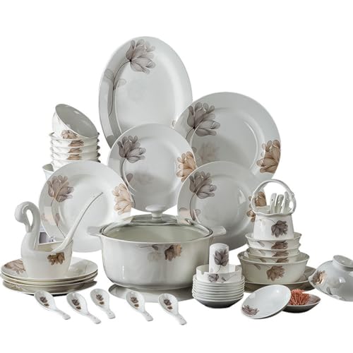 Zestaw zastawy stołowej z porcelany kostnej – 60 sztuk zastawy stołowej dla 8-10 osób, zawiera miski, talerze, łyżki i rondelki