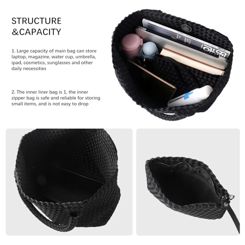 Image of Woven Bag for Women, Large Neoprene Tote Bag Summer Beach Handbag Purse Retro Handmade Travel Shoulder Bag Set