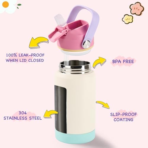 Kerilyn 12oz Kids Water Bottle 2 Pack, Stainless Steel Insulated Water Bottle Bulk, Toddler Cups with Straws Leak-Proof, Kids Water Bottles for School Boys Girls, BPA Free, 2 Piece Set Berry Couple