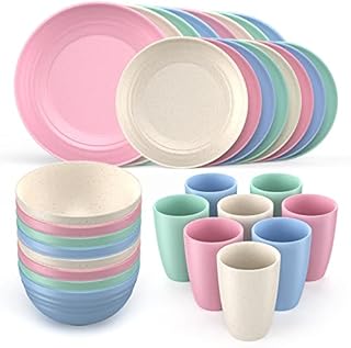 Wheat Straw Dinnerware Sets for 8,(32pieces) Dinner Plates, Dessert Plate, Cereal Bowls, Kids Cups, Microwave Dishwasher Safe, Lightweight, Unbreakable Dishes for Kitchen, Camping, RV, Multicolor