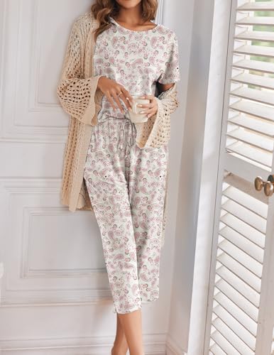 Image of Ekouaer 2 Pack Womens Pajamas Sets Short Sleeve Tops and Capri Pants Pjs Colorful Printed Sleepwear Sets