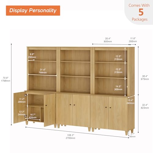 Image of WAMPAT 71 inch Tall Bookcase with Doors & Storage Cabinet, 3 Column Modern 5-Tier Bookshelf with Adjustable Shelf, 106 inch Wide Wooden Display Book Shelf for Home Office, Living Room, Bedroom, Oak