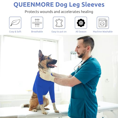 Image of Queenmore Dog Surgery Recovery Sleeve for Front Leg, Breathable Dog Recovery Sleeves After Surgery, Cozy Long Sleeve Dogs Shirt, Alternative to Cone of Shame, Blue, XL