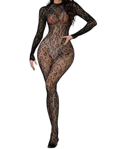 Woman Sexy Fishnet Bodystocking Leopard Print Lingerie Long Sleeve Jumpsuit Lace Back Cutout Bodysuits Mesh Sheer Nightwear Mock Neck Underwear One Piece Catsuit Rave Costume (Black2, One Size)