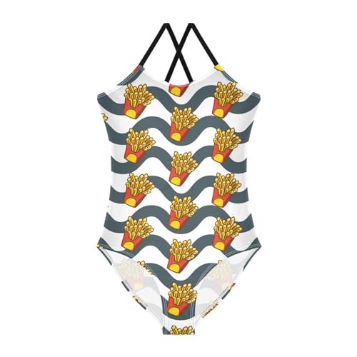 French Fries Girls One Piece Swimsuits Stripe Sport Halter Swimwear Beach Bathing Suit 7-8T Multi