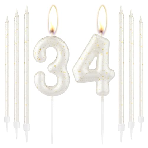 iNINGER White Gold Glitter Number 34 Birthday Candles with 6 Thin Long Cake Candles,Pearl Digit Candle for 34th Anniversary Party Cake Decorations
