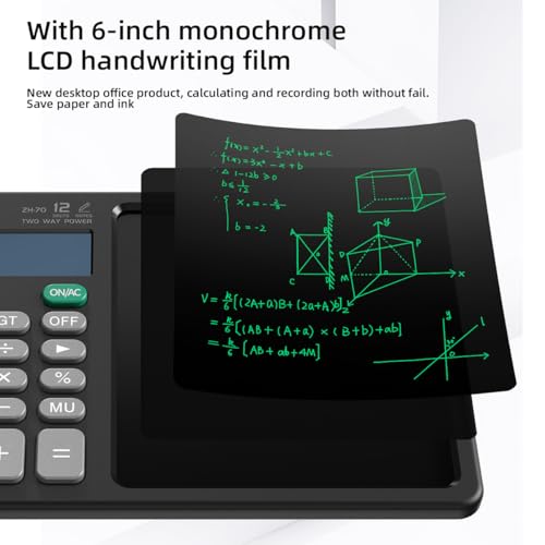 Desk Calculator with Erasable Writing Pad, 12-Digit Wide Screen Display, 100,000+ Reusable LCD Notepad, One-Click Clear & Lock Function, Solar and Battery Dual Power for Office,School,Business (Black)
