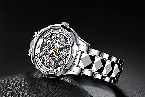 Image of OUPINKE Men's Skeleton Mechanical Watches Luxury Dress Automatic Self Winding Sapphire Crystal Waterproof Tungsten Steel Band Wrist Watches