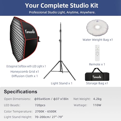 Yanuoda Softbox Octogonal 95cm Profesional - Luz LED de Video 110W Dimmable CRI 97, Incl. Trípode, Difusor & Rejilla, Mando a Distancia para Retrato, Video, Youtube, TikTok Calidad Estudio - imagen 5
