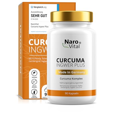 Kurkuma Ingwer Kapseln hochdosiert - Mit Curcuma Extrakt, Gerstengras, Kurkuma Pulver, Ingwer, Piperin, Curcumin - 90 vegane Kapseln - Alternative zu Tabletten