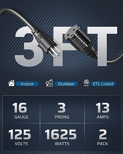 3-piece extension cable, 16 AWG SJTW weather-resistant Para USO en interiores y exteriores, enchufes de toma a Tierra de 3 clavijas Para Luces, , listado ETL, pack of 2