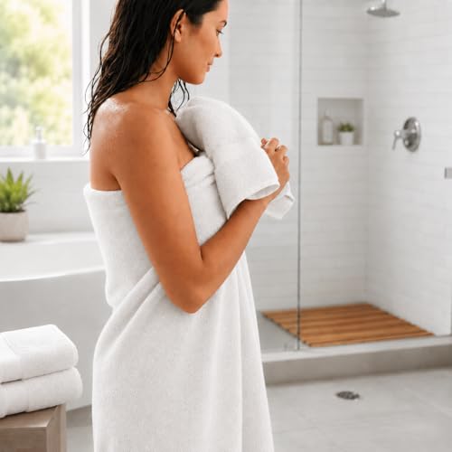 Image of Sulfar 100% Combed Cotton, Quick Drying Highly Absorbent Thick Bathroom Towels, Luxury Bath Towel Set (Pack of 4, 70 X 140 cm) - 600 GSM (White)