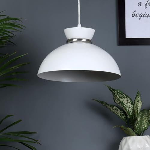 Image of MONI Modern White Metal Pendant Ceiling Light for Living Room, Dining Area, Kitchen Island | Dome Hanging Lamp Shade | E27 Holder | Contemporary Indoor Lighting Fixture (Pack of 2)