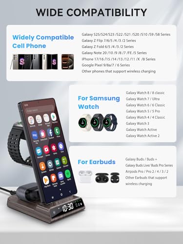Image of Wireless Charger for Samsung S25 with Clock 3 in 1 Android Charging Station | Charging Station for Galaxy S25 Ultra,Z Flip 7,Fold,Galaxy Bud,Watch Charger for Galaxy Watch 8,7,6,5Pro, Nightstand Charger