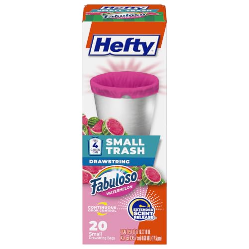 Image of Hefty 4 Gallon Small Trash Bags, Pink, Fabuloso Watermelon Scent, 20ct | Drawstring Closure, 4G Small Pink Trash Bags for Bathrooms, Dorm Rooms, Home Offices, Scented, Continuous Odor Control