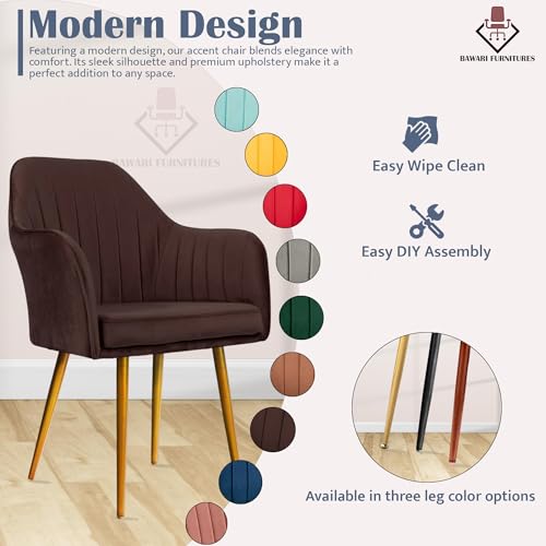 Image of Accent Chair for Living Room| Soft Velvet Fabric Armchair with Multi Colour Leg Options | Modern Chair with Thick Cushion for Home Office restaurent and cafes| 1pc (Golden Legs, Dark Brown)