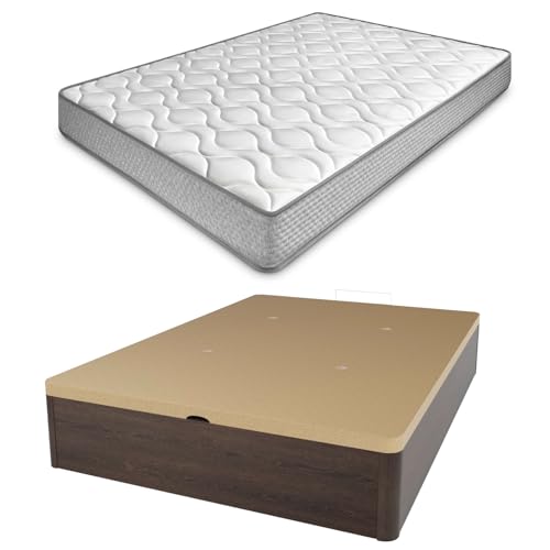 amuéblate Online - Pack Colchón Viscoelástico Carla Reversible + Canapé Madera Abatible Gran Capacidad | Color Wengué 135 x 190