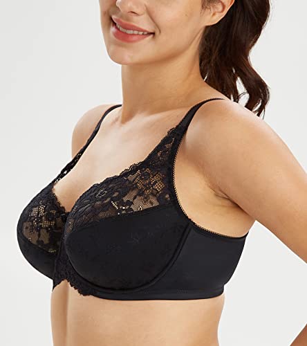 Lemorosy Women's Full Coverage Flower Lace Underwire Unpadded Comfy Minimizer Bra (38Ddd, Black) #TOP2