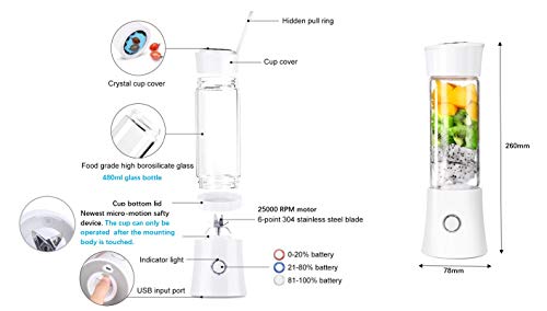 Portable Blender, Smoothie Blender With 16Oz Travel Glass Cup And Lid 4000Mah Battery 7.4V Strong Power Personal Size Blender Usb Rechargeable Mini Juicer Cup Travel Blender For Shakes And Smoothies With Stainless Steel 6 Blades Bpa Free(White) #TOP4