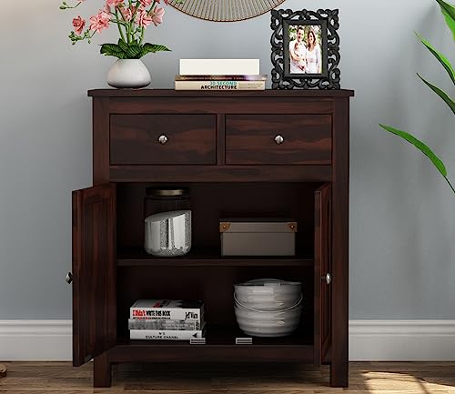 Image of Solid Sheesham Wood Wooden Sideboard Storage Cabinet : Ideal for Living Room and Bedroom with 2 Drawers and 2-Shelf Storage (Clovis, Walnut Finish)