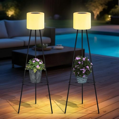 FUYO 2 Pack Outdoor Floor lamp IP54 Waterproof, Solar Lights Outdoor with 2 Plant Stand, Outdoor Patio Decor with USB Charging Port 3 Lighting Modes for Patio Porch Yard Deck Decor (Lamp B)