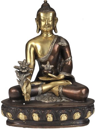 Statue de Bouddha de la Médecine tibétain en laiton peint