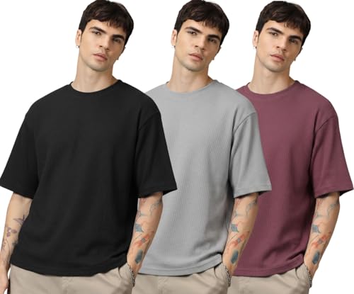 Image of RodZen Oversized Baggy Fit Half Sleeves Round Neck Solid Cotton Blend Combo T-Shirt for Men (Pack of 3)