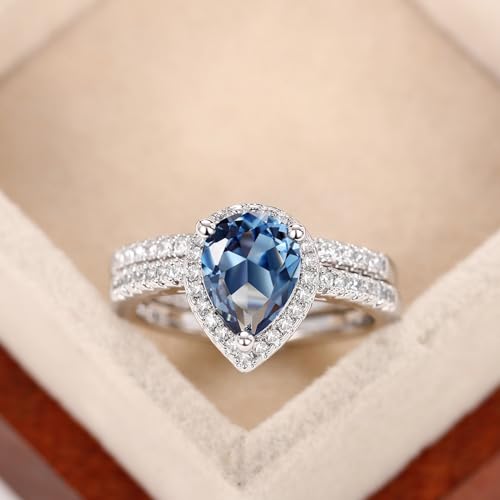 Teardrop Pear Bridal Ring Set Wedding Engagement Ring Band 925 Sterling Silver London Blue Cubic Zirconia Prom Promise Rings Set for Her(7)4