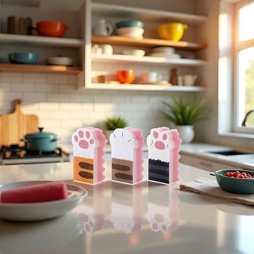 Image of 3Pcs Pink Random Style Cat Claw Design Kitchen Cleaning Sponges,Cute Household Cleaning Tool,Claw Design Non-Scratch Dishwashing Scrub Sponge Kitchen Cleaning Tool,Household Supplies