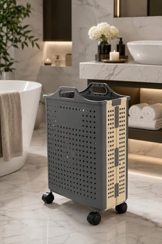 Image of Dillard's Foldable Laundry Hamper with Wheels, Plastic, Grey, Large, 30L, Modern Style, Rectangular