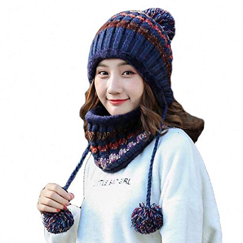 Frauen Strickmütze Schal Set Winter Warm Verdicken Häkeln Bobble Pom Pom Mütze Hut Cap Outdoor Ski Snowboard Cycle Bobble Säumen Hüte mit Fleece-Futter für Damen...