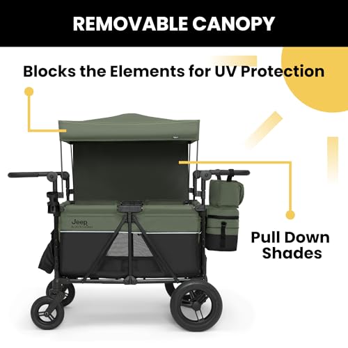 Image of Delta Children - Jeep Wrangler Deluxe 4 Seater Stroller Wagon - Premium Quad Stroller Wagon for 4 Kids with Convertible Seats, Adjustable Push /Pull Handles, Removable Canopy & Flat Fold, Black /Green