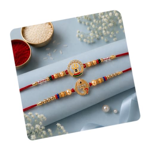 Image of CraftVatika Rakhi for Brother and Bhabhi, Bhaiya Bhabhi Rakhi Set of 2, Designer Bracelet Om Rudraksha Rakhis for Rakshabandhan with Best Wishes Card and Tillak Set, Premium Thread Couple Pair Raki