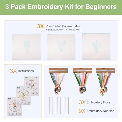 Image of Magibeads 3 Sets Beginner Embroidery Kit Vase Flower Arranging Cross Stitch Patterns Crochet Kit with Embroidery Thread Fabric Instruction Knitting