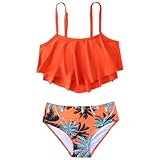 Little Girls Two-Piece Swimsuit Set Tiered Ruffle Top and Tree Print Bikini Bottoms Summer Beachwear Traje De Baño para Niñas (Saffron,7-8 Years)