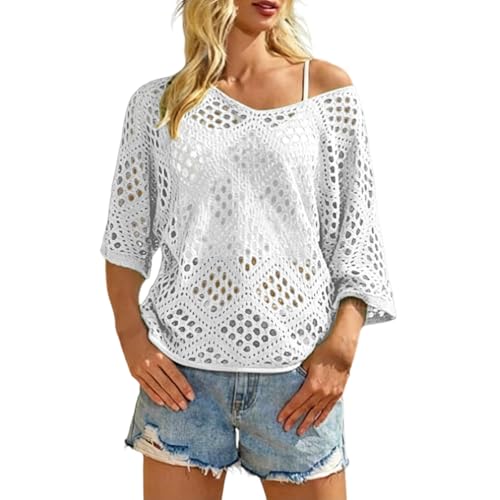 Hauts Crochet Femme Été Cover Up Col Rond Hollow Out Tricot Ajouré Maille Haut Décontracté...