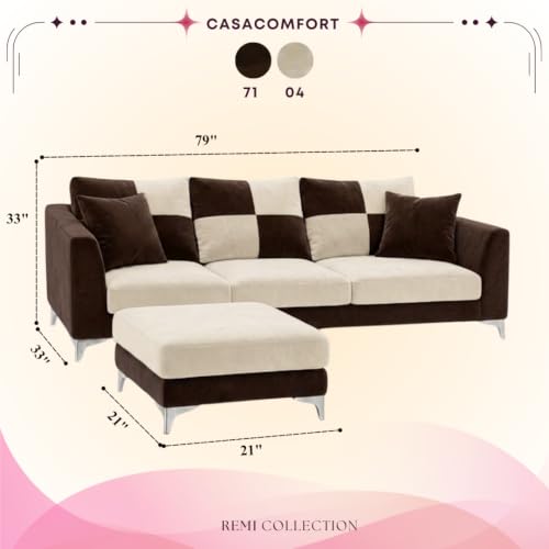 Image of Romeo Rich 4 Seater L Shape Sofa Set with Movable Ottomans | Flexible Layout | Velvet Suede Fabric | Golden Aesthetic Legs | Dual Tone Modern Sofa for Living Room (Dark Brown-Cream)