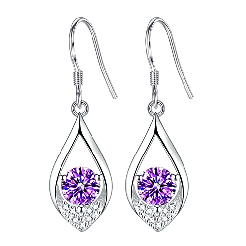 Dangle Plated Silver Nickel Free Earrings For Women Girls Teens Fashion Dangle Tear Drop Sparkly Crystal Earrings For Women Girls Teens (Water-Drop-Purple) #TOP4