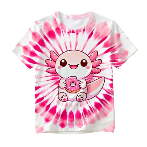 DNXFUHR Kids Pink Axolotl Tie Dye Shirt for Boys' Girls' Youth Fun Animal Tie-Dye T-Shirt Outfit Tee Clothes Medium