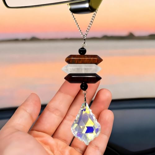 Boho Car Hanging Ornament, Handmade Moon Crystal Car Charm - Cute Rear View Mirror Decor with Healing Stones Like Tiger Eye, Black Obsidian, for Women's Protection