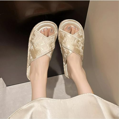 Satin Cross-Strap Slippers for Women Retro Flip-Flops Flower Decor Satin Upper Soft TPR Anti-Slip Soles Indoor Outdoor Slippers3