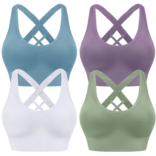 Image of High Support Sports Bras for Women,Criss Cross Strappy Back Seamless Padded | Removable Pads, A-DD Cup, Full Coverage, Seamless, Wireless, Scoop Neck, Cropped Bra, for Workout Yoga Gym Exercise Athletic