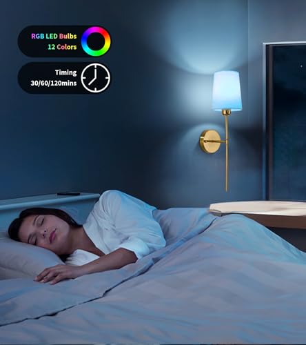 Image of Battery Operated Wall Sconce Set of 2, 12 RGB Light Bulb & Remote Control, Wireless Wall Light with Rechargeable Bulb, Fabric Shade & Metal Frame, Brass