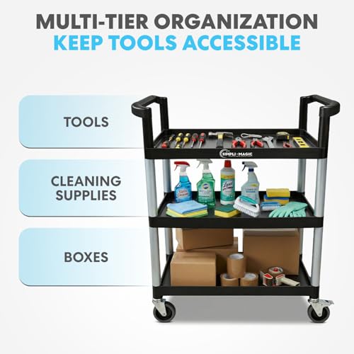 Image of Simpli-Magic Rolling Utility Cart on Wheels, Heavy Duty Multi-Purpose Service Cart, Silver & Black, Garage, Warehouse & Commercial Use
