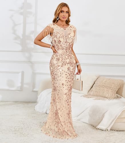 Image of Cololura Women Sexy Sequin Mesh Perspective Bodycon Party Cocktail Evening Gown Maxi Dress