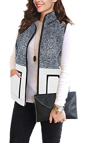 ETCYY Women's Sherpa Fleece Fluffy Colorblock Vest Zipper Lightweight Sleeveless Outwear Casual Waistcoat with Pockets Gray-S