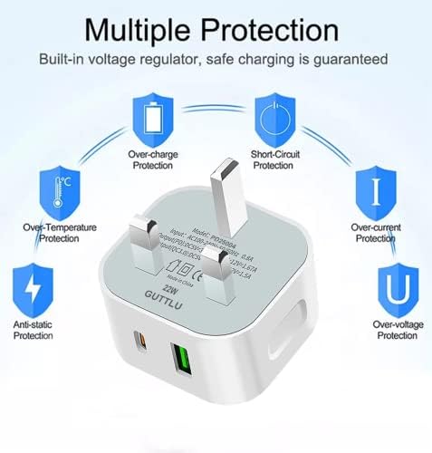 Guttlu 22W USB C Charger Plug Original compatible with iPhone 15 Pro Max/iPhone 14 Pro Max/iPhone 13 Mini Type c plug USBC Fast Charger Adapter UK Multi Dual Port Wall Socket USB A+C (1 Pack White)