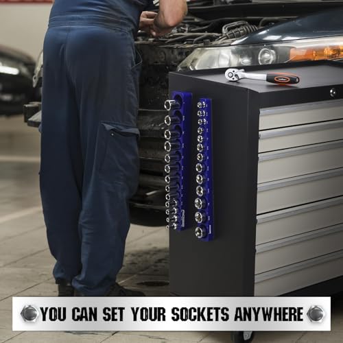 2-Piece 3/8"-Drive SAE Magnetic Socket Organizer Set (Holds 26 Sockets) - Detachable Tool Tray with 5mm Magnetic Base, Screw-Fixed Design & Heavy-Duty Modular Storage for Garage/Home Workshop