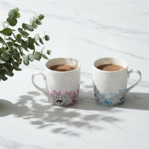 Image of Dandy Lines New Ray Garden Grace in Pink and Blue, Ceramic Coffee Mug Set, Pack of 4, Microwave & Dishwasher Safe, Great for Home Use & Gifting